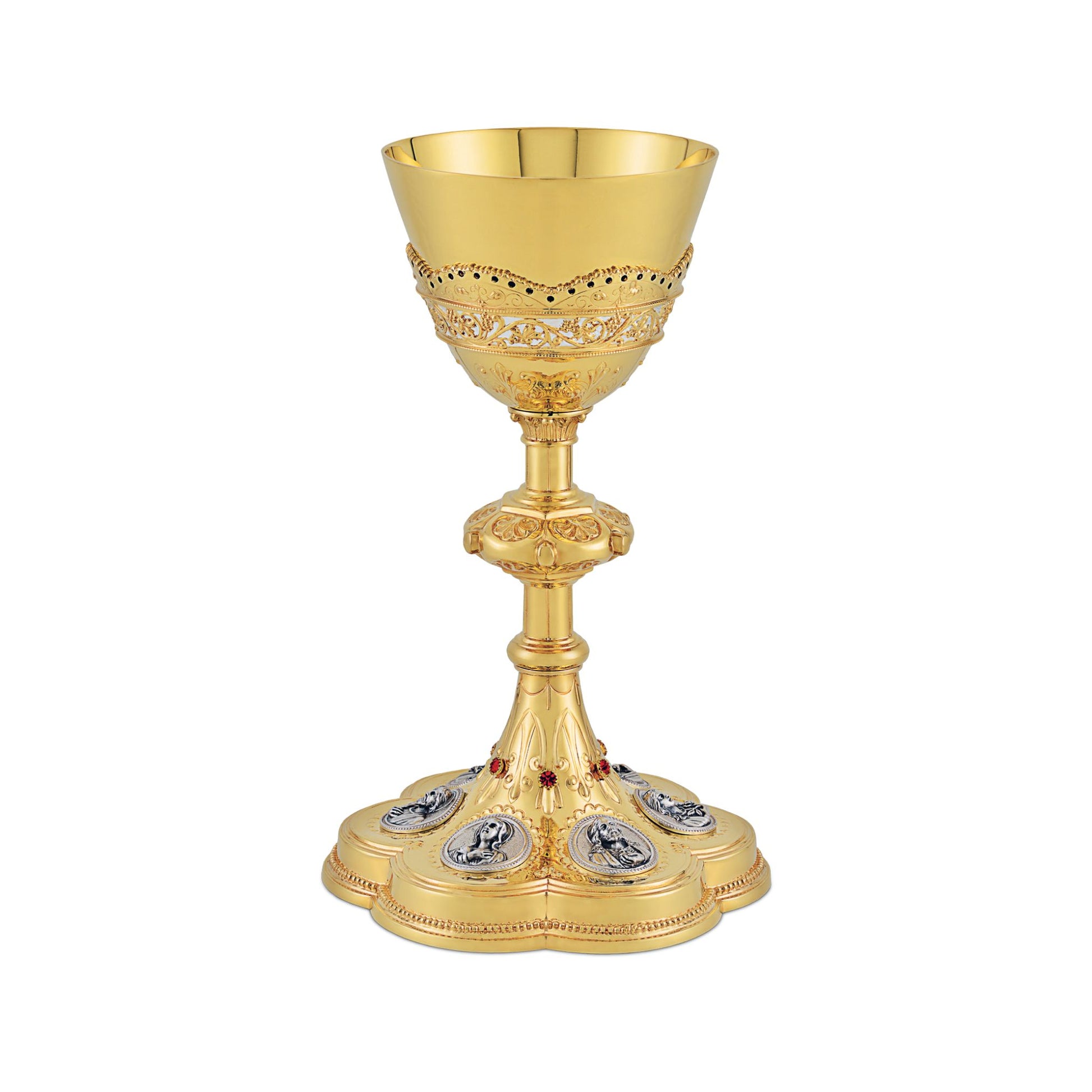 Chalice & Scale Paten in neo gothic style with medallions of the Holy 
Family and saints,  9 1/4” Ht. sold by The Clergy Store