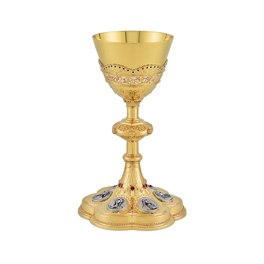 Chalice & Scale Paten in neo gothic style with medallions of the Holy 
Family and saints,  9 1/4” Ht. sold by The Clergy Store