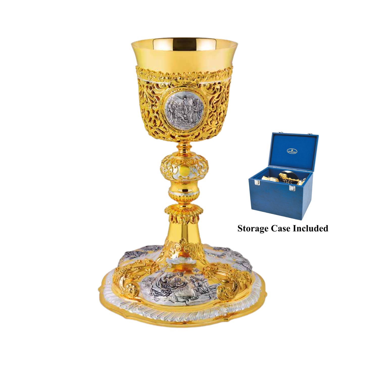 Chalice and Paten in the Baroque Style, featuring Scenes from the New 
Testament With Case