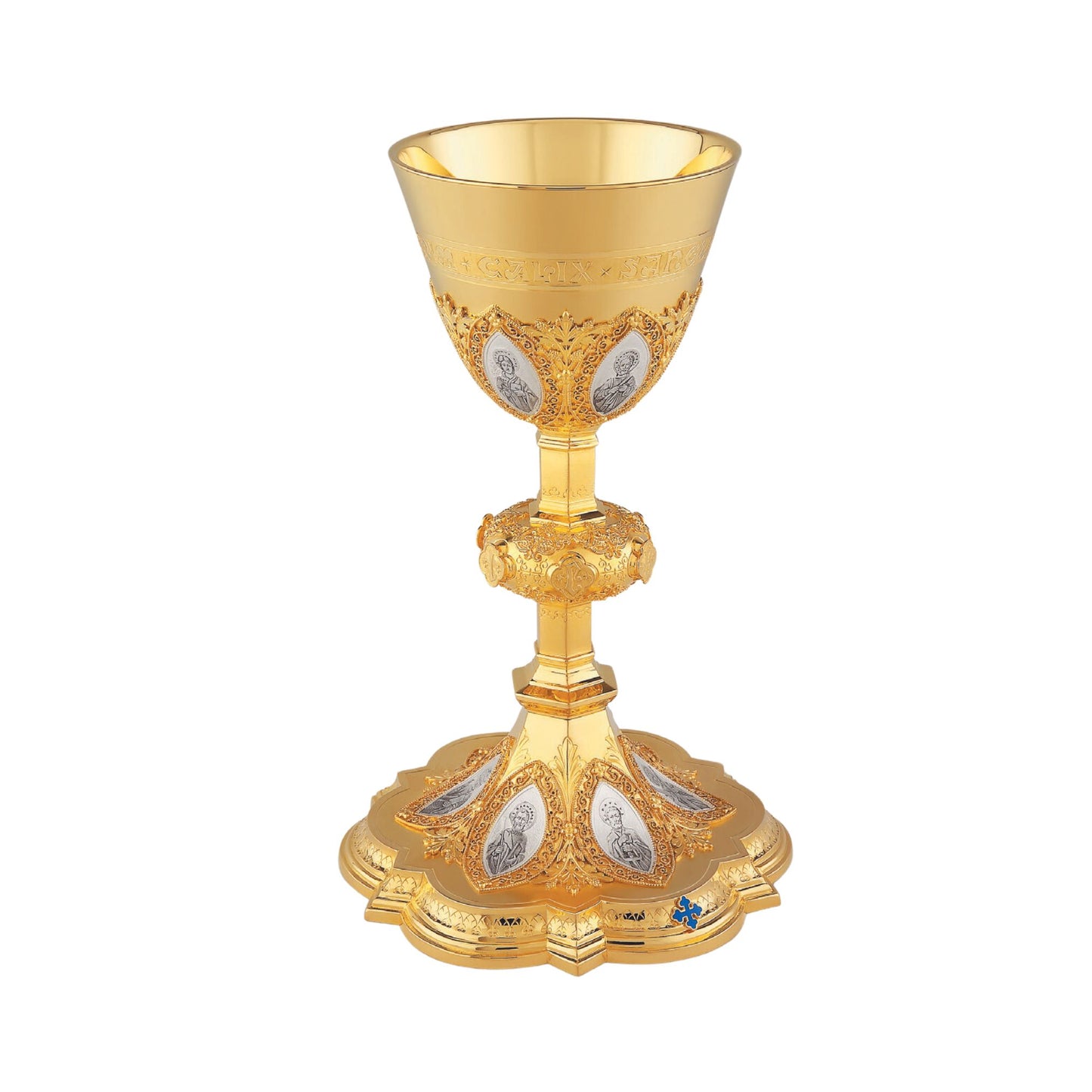 Chalice in neo-gothic style with medallions of the Twelve Apostles and cup inscription: “HIC EST ENIM CALIX SANGUINIS MEI” ,  9 7/8” Ht. Sold by The Clergy Store