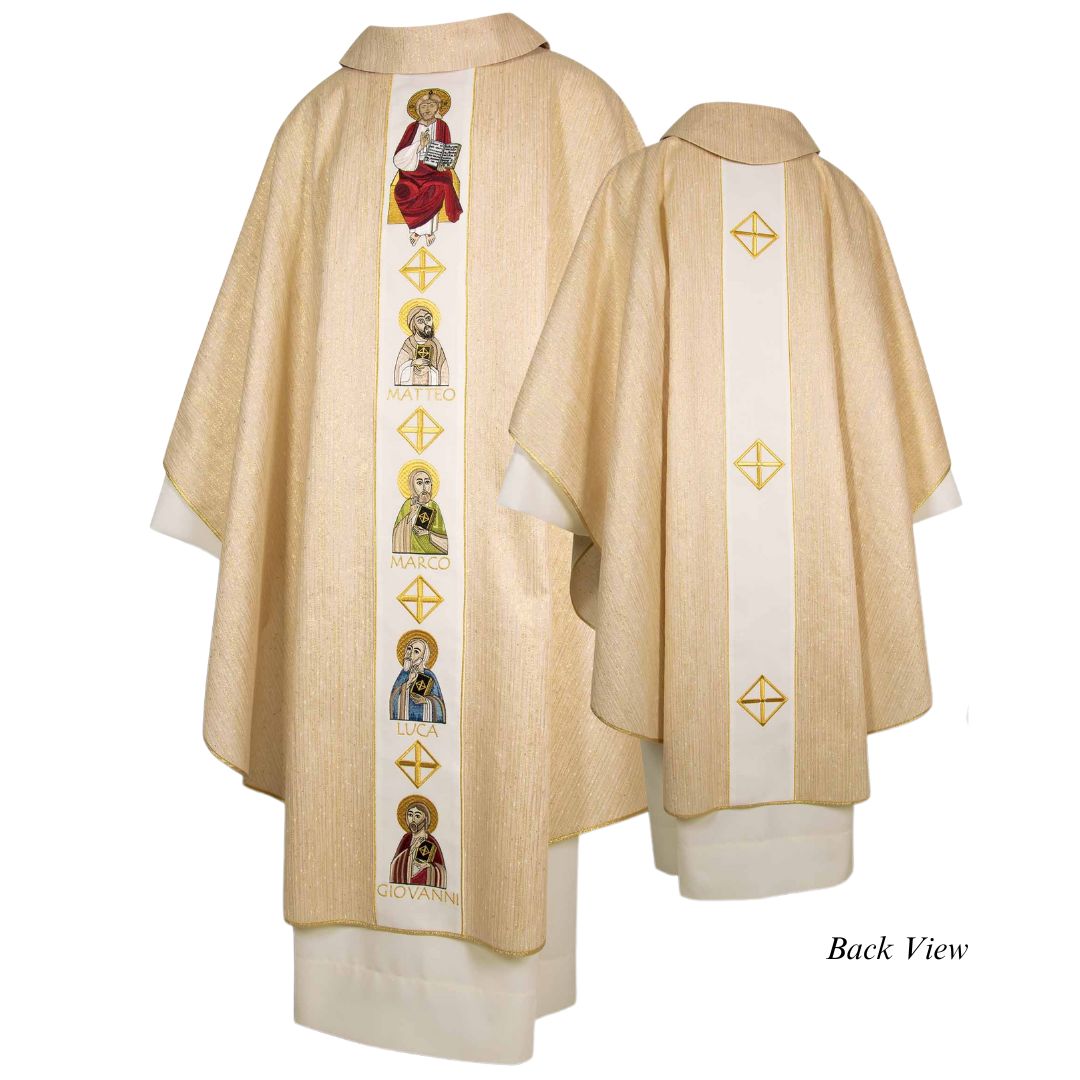 Clergy gothic chasuble with embroidered Saints, Jesus, St. Matthew, St. Mark,  St. Luke, and St. John the Baptist. on Italian wool blend and trimmed in gold thread. Made in Italy and sold by The Clery Store
