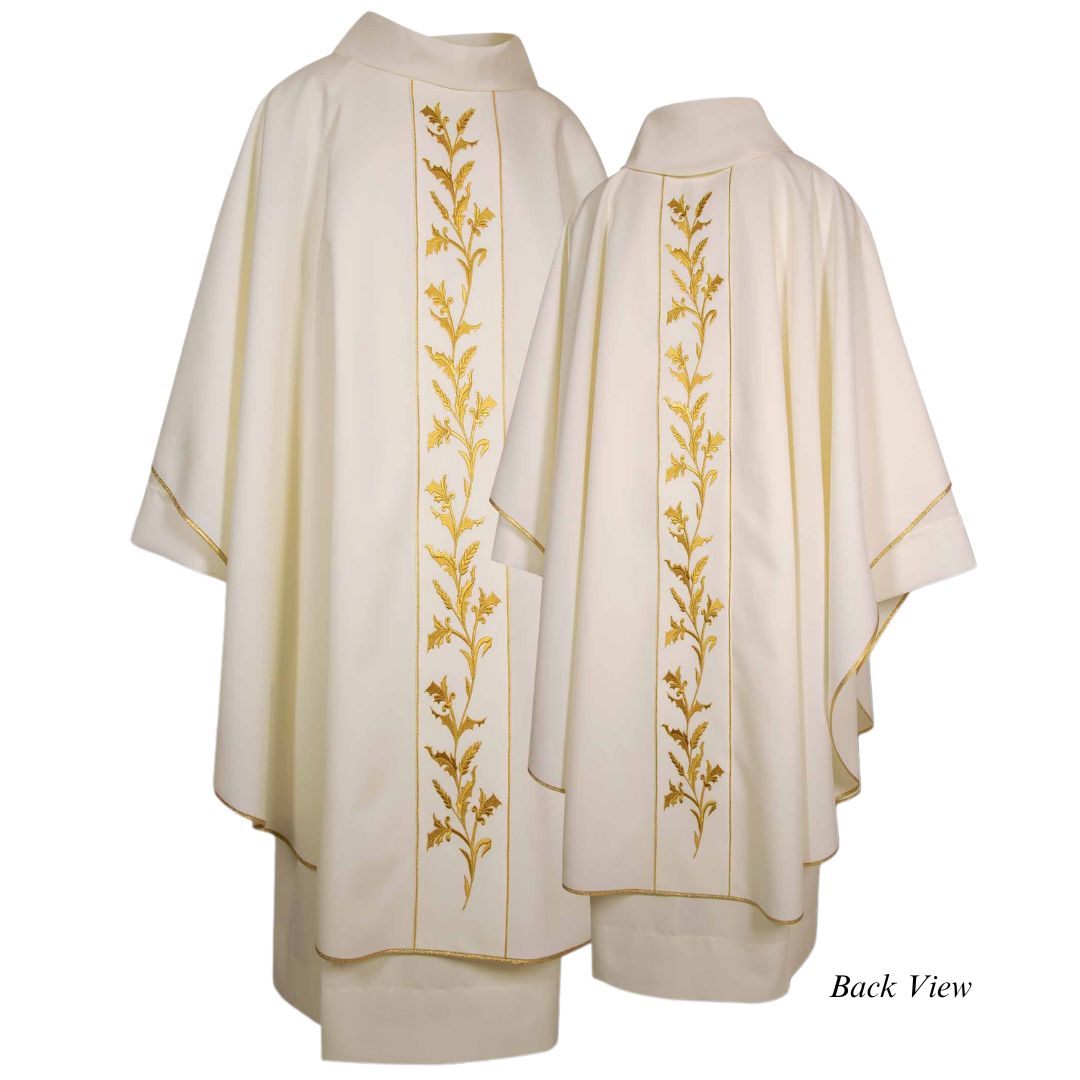 Clergy gothic chasuble with stalk of wheat and gold embroidered orphrey. 100% Polyester material. Trimmed in gold bias. Made in Italy and sold by The Clergy Store