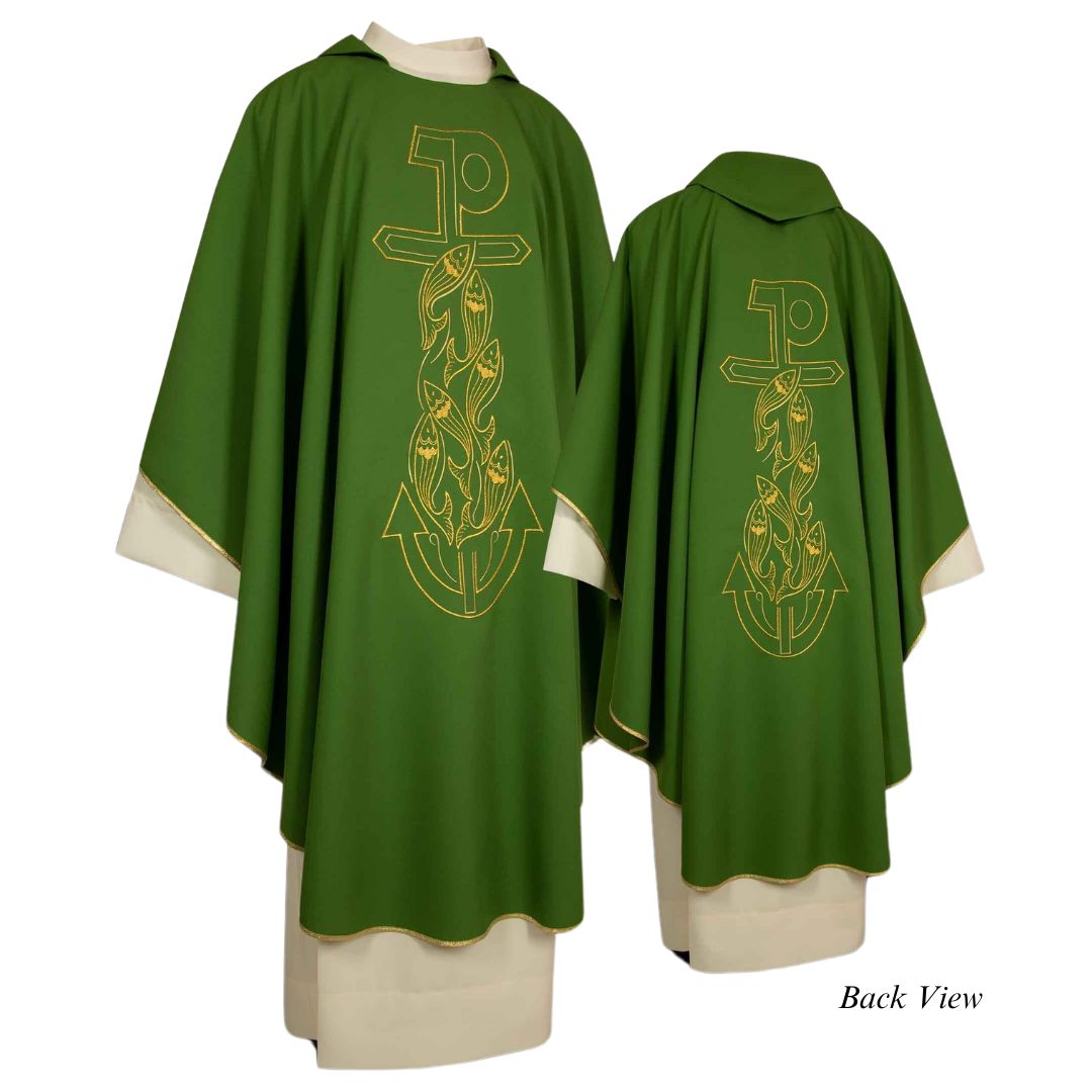 Clergy chasuble with chi rho, fish, and anchor embroidery. Made in Italy and sold by The Clergy Store