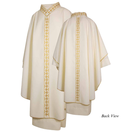 Clergy gothic chasuble with embroidered orphrey, V-shaped embroidered color. 100% pure Italian wool. Made in Italy and sold by The Clergy Store