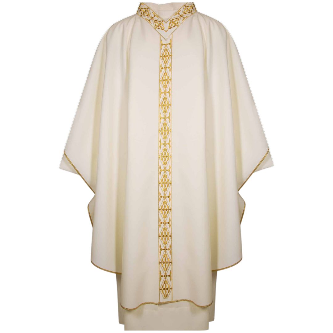 Clergy gothic chasuble with embroidered orphrey, V-shaped embroidered color. Lightweight Italian 100% pure wool. Made in Italy and sold by The Clergy Store