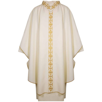 Clergy gothic chasuble with embroidered orphrey, V-shaped embroidered color. Lightweight Italian 100% pure wool. Made in Italy and sold by The Clergy Store