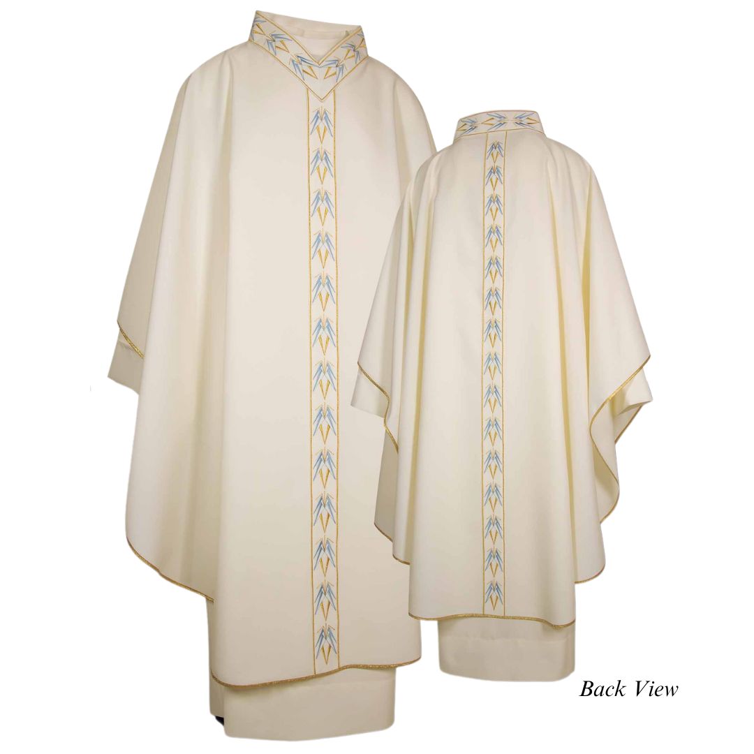 Clergy gothic chasuble with gold and blue embroidered V-shaped collar and orphrey. Lightweight 100% Pure Italian wool. Made in Italy and sold by The Clergy Store