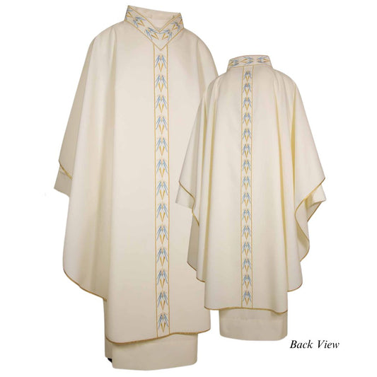 Clergy gothic chasuble with gold and blue embroidered V-shaped collar and orphrey. Lightweight 100% Pure Italian wool. Made in Italy and sold by The Clergy Store