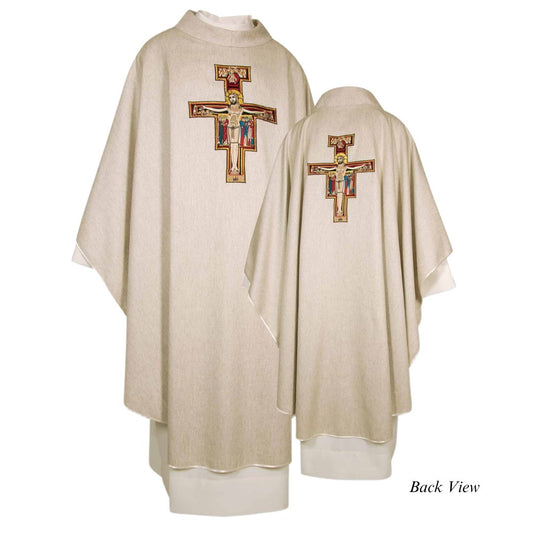 Clergy gothic chasuble with San Damiano cross on mixed wool material. Made in Italy and sold by The Clergy Store.