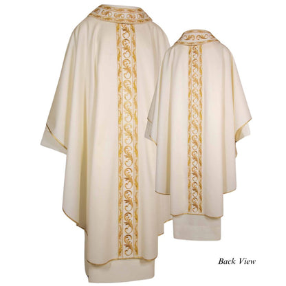 Clergy chasuble with gold filigree embroidered orphrey and roll collar. Lightweight 100% Pure Italian Wool Made in Italy and sold by The Clergy Store