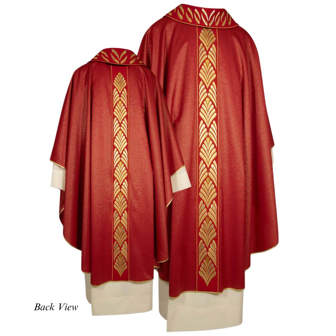 Clergy chasuble gothic with embroidered gold thread orphrey and collar on lightweight wool lurex blend material. Made in Italy and sold by The Clergy Store