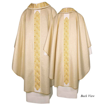 Clergy chasuble gothic with embroidered gold thread orphrey and collar on lightweight wool lurex blend material. Made in Italy and sold by The Clergy Store