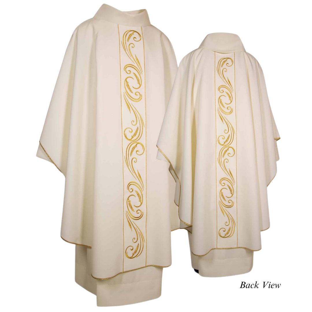 Clergy gothic chasuble with stalk of wheat and gold embroidered orphrey. 100% Polyester material. Trimmed in gold bias. Made in Italy and sold by The Clergy Store