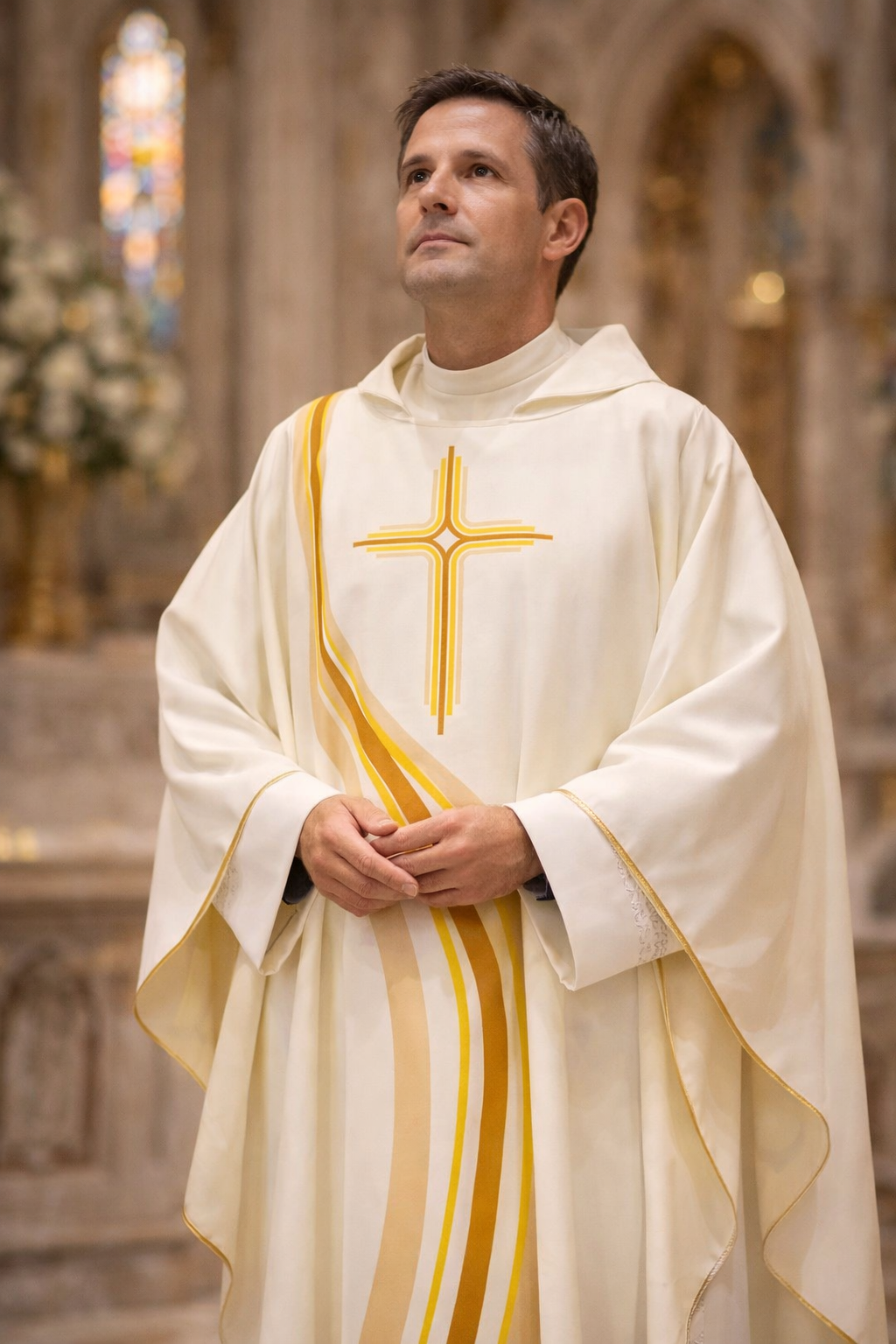 Priest wearing a sublimation printed  "River of Life" chasuble in Off-White. Made in Italy 
