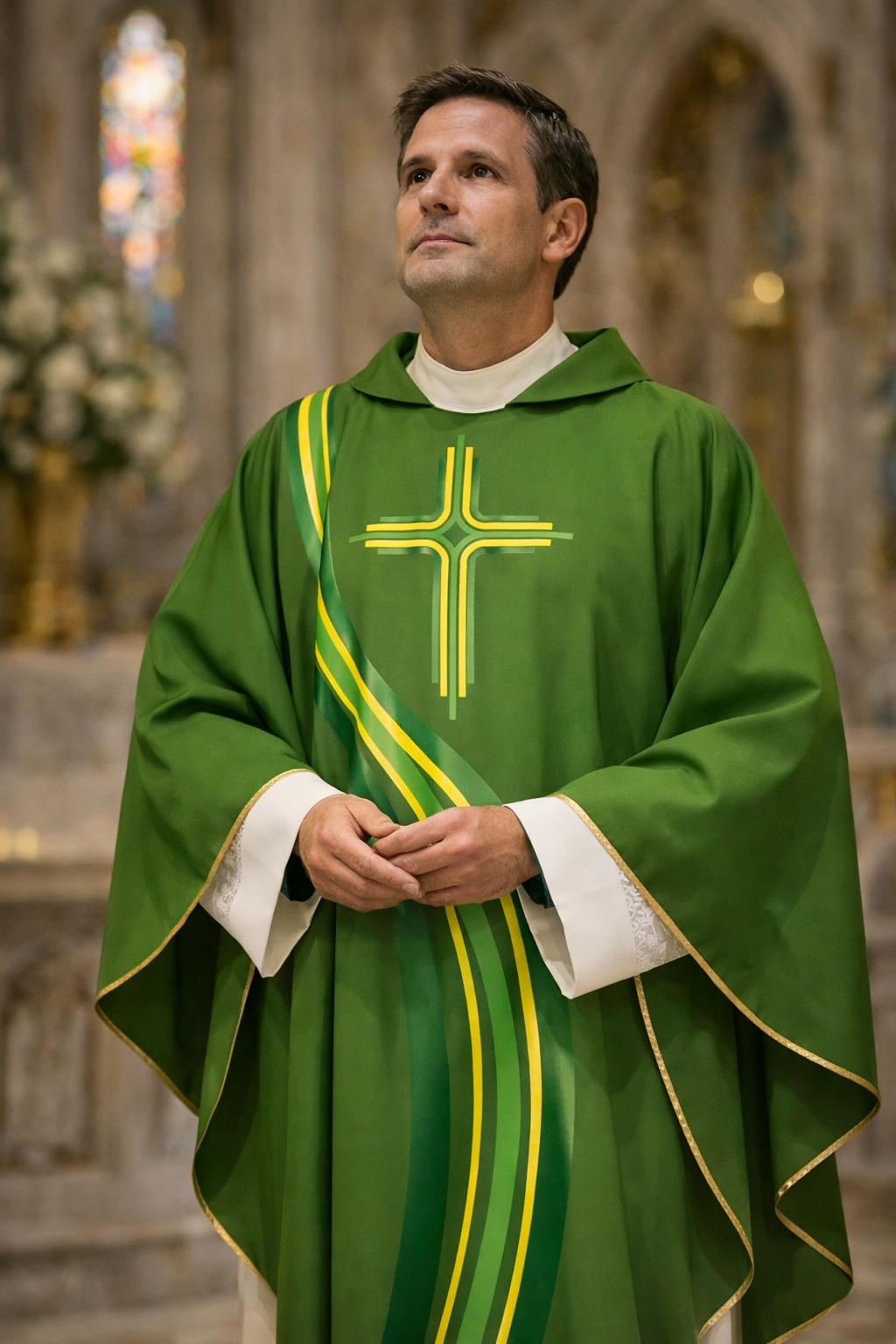 Priest wearing a sublimation printed  "River of Life" chasuble in Green. Made in Italy 