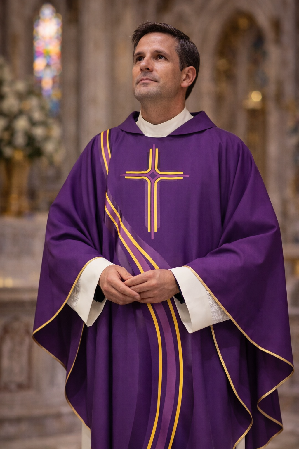 Priest wearing a sublimation printed  "River of Life" chasuble in Purple. Made in Italy 