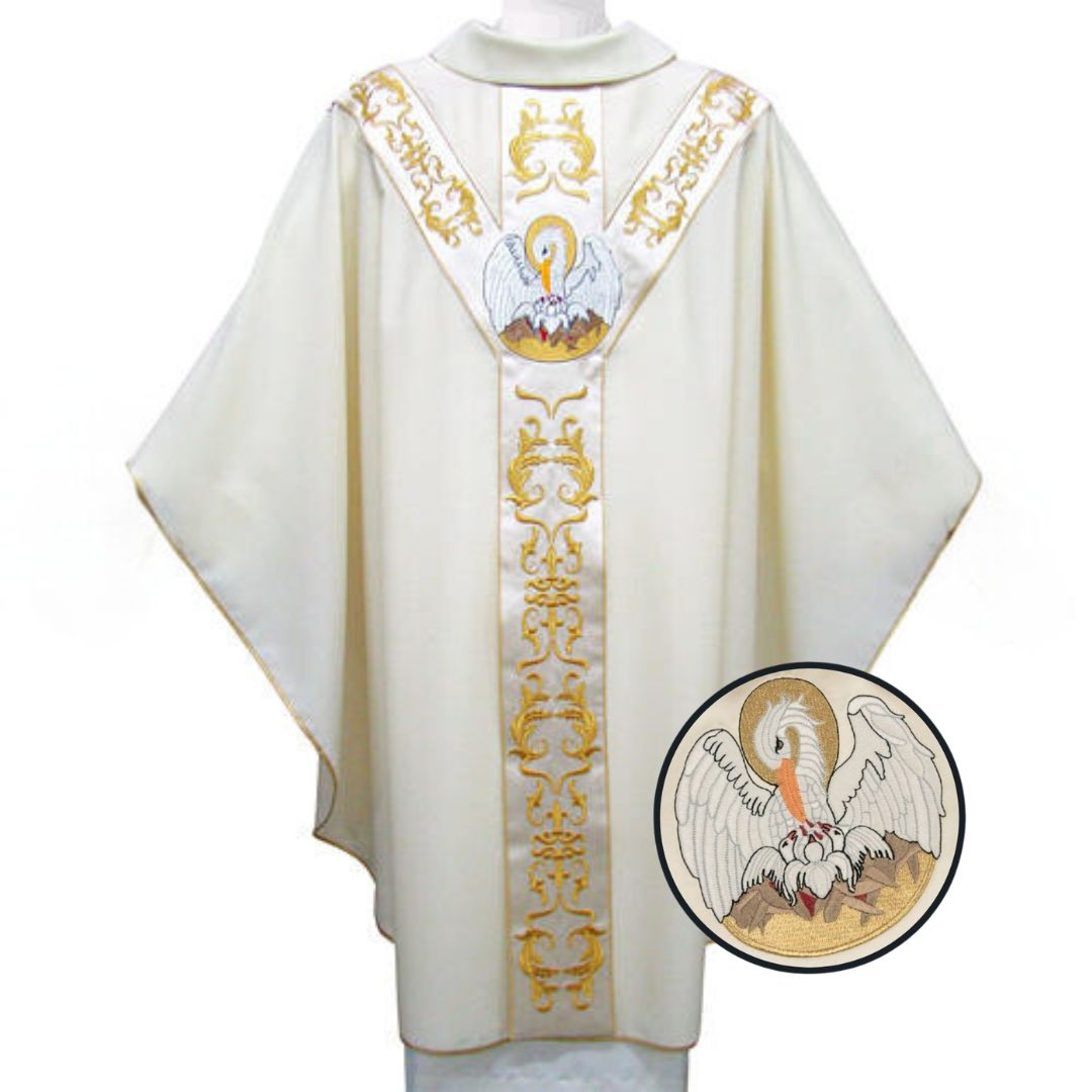 Gothic chasuble with emdroidered Pelican and babies. Made in Italy and sold by The Clergy Store