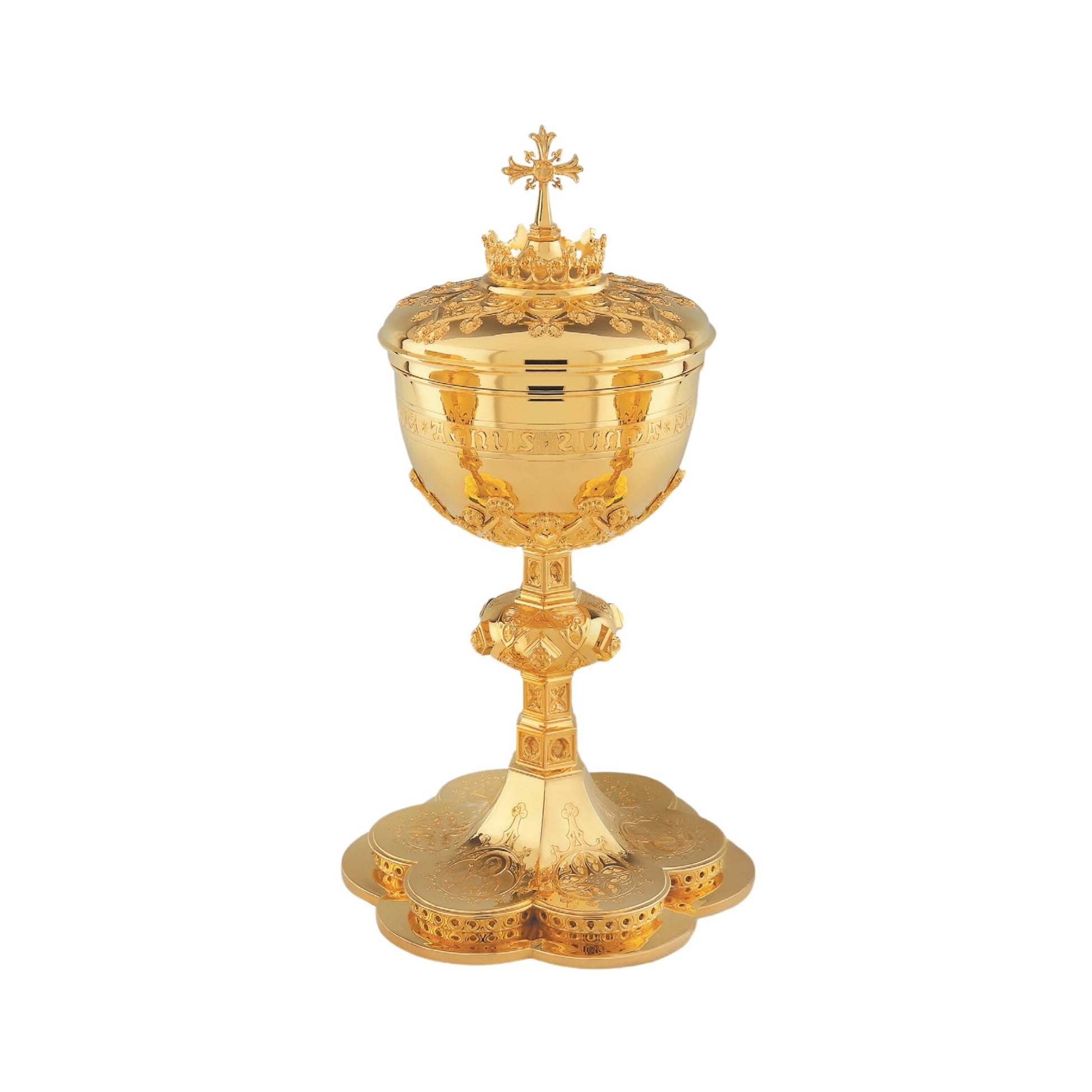 Ciborium in neo-gothic style with engraved images of the Holy Family and cup inscription: “ECCE AGNUS DEI QUI TOLLIT  PECCATA  MUNDI”  sold by The Clergy Store