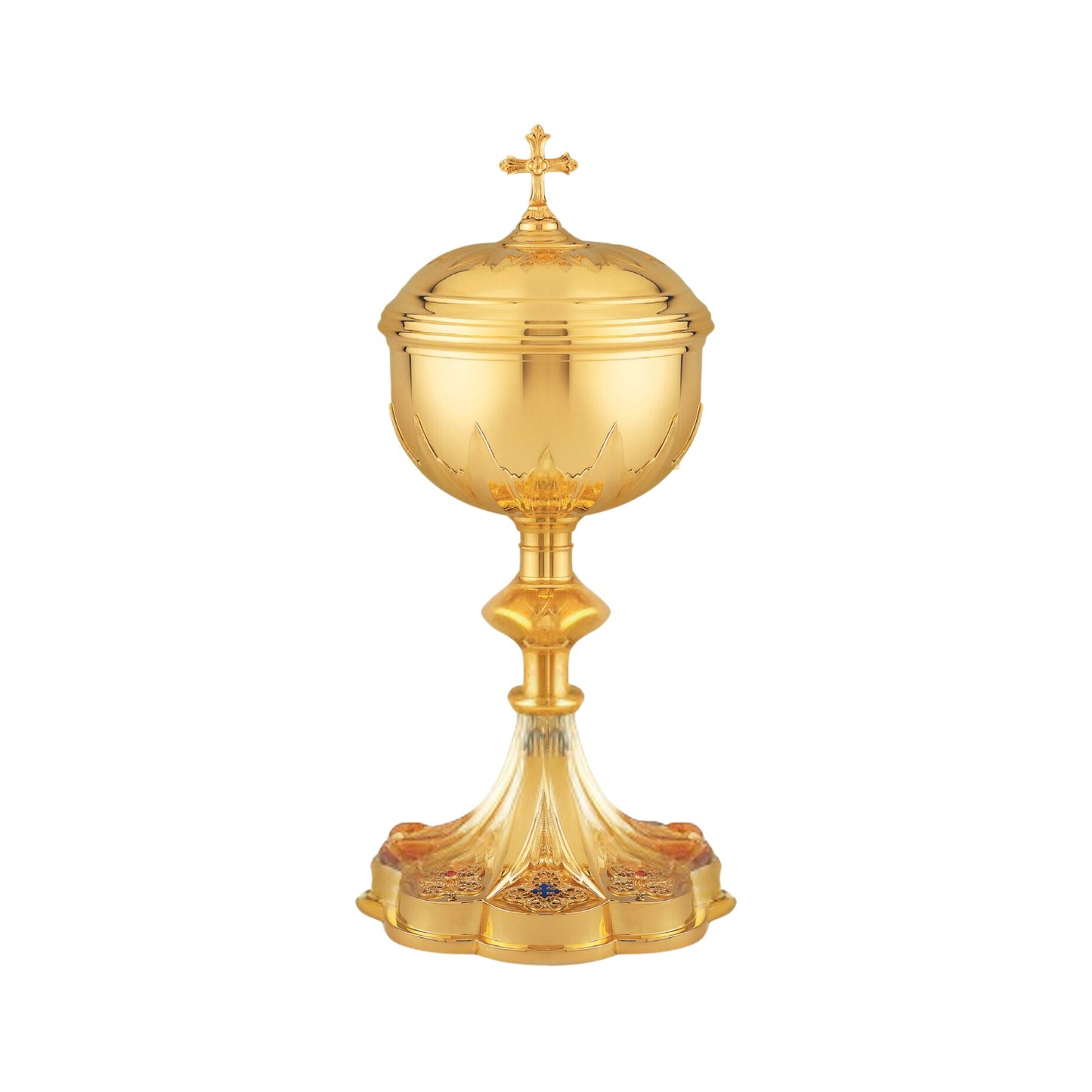 Ciborium in neo-gothic style inspired by French chalices from the late 19th and the early 20th centuries. 12 1/4" Ht. Sold by The Clergy Store