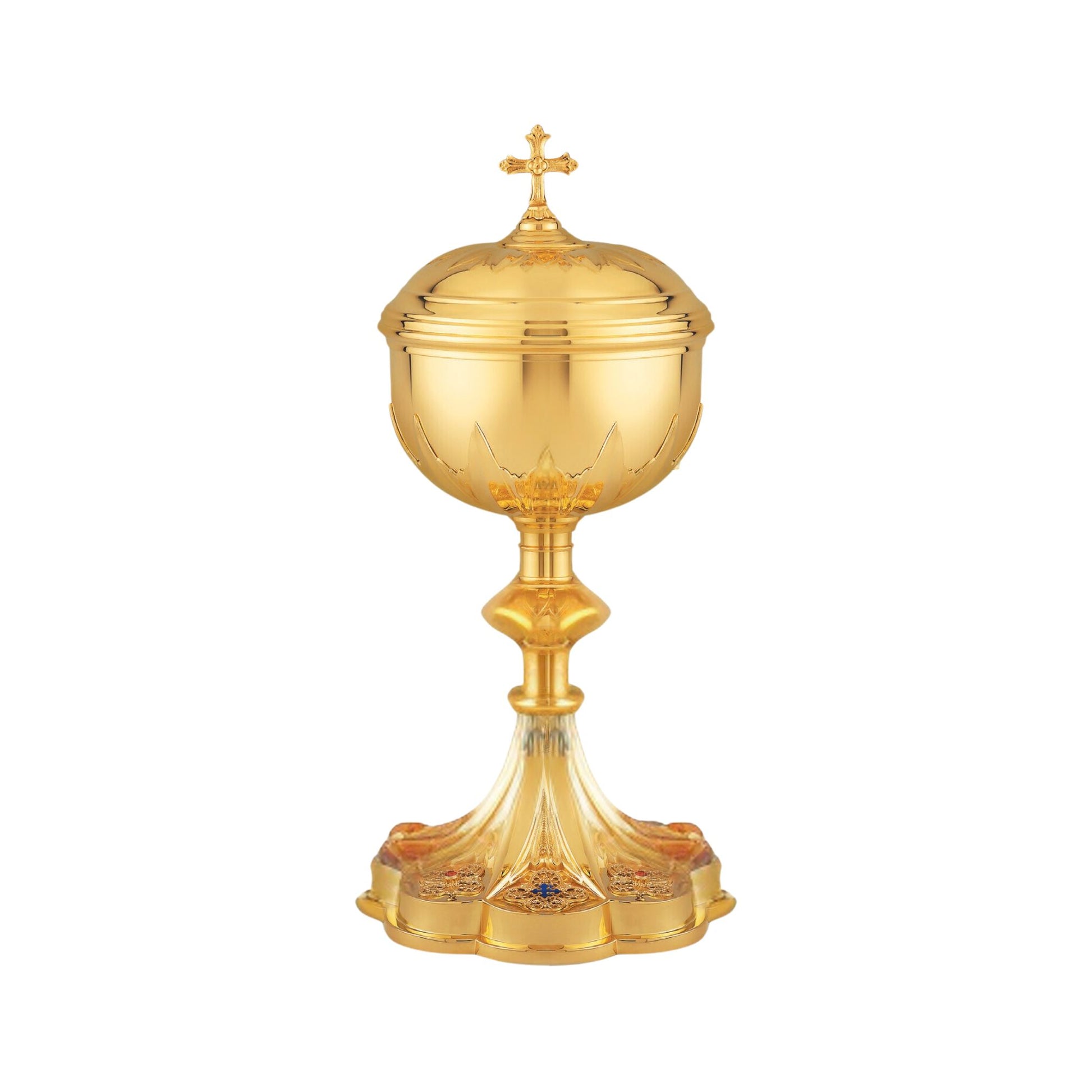 Ciborium in neo-gothic style inspired by French chalices from the late 19th and the early 20th centuries. 12 1/4" Ht. Sold by The Clergy Store