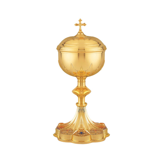 Ciborium in neo-gothic style inspired by French chalices from the late 19th and the early 20th centuries. 12 1/4" Ht. Sold by The Clergy Store