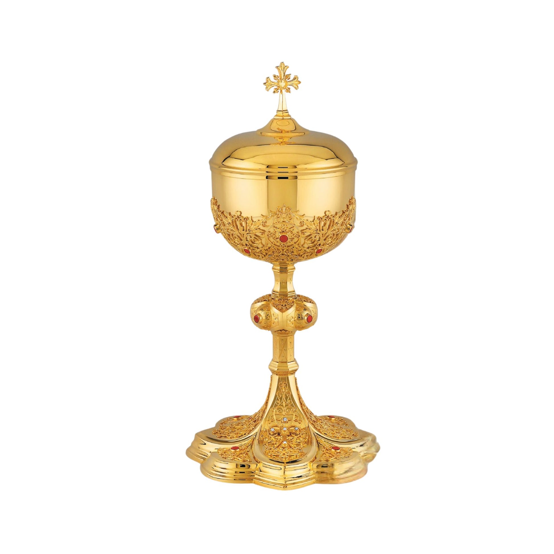 Ciborium in neo-gothic style inspired by French chalices from the late 19th and the early 20th centuries. Sold by The Clergy Store