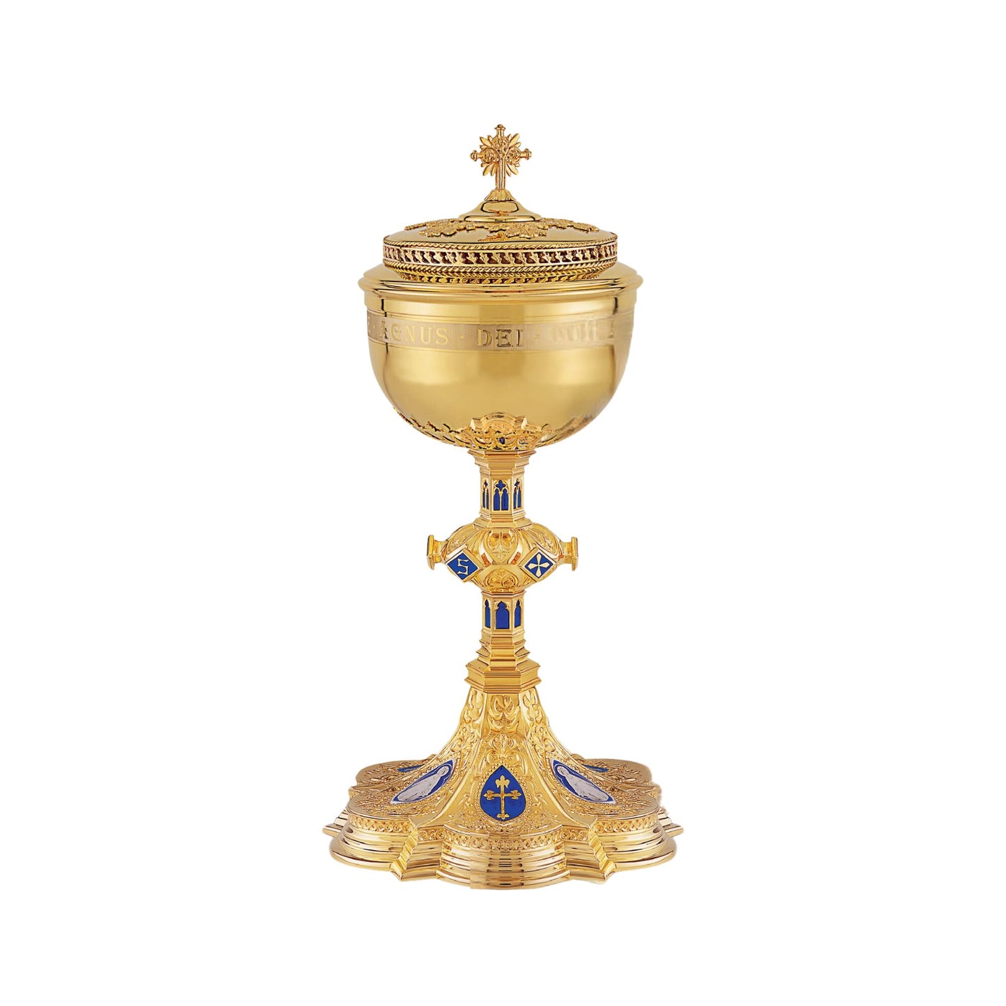 Ciborium with cup inscription: “ECCE AGNUS DEI QUI TOLLIT  PECCATA  MUNDI”,  12” Ht.  , 200 Hosts. Sold by The Clergy Store