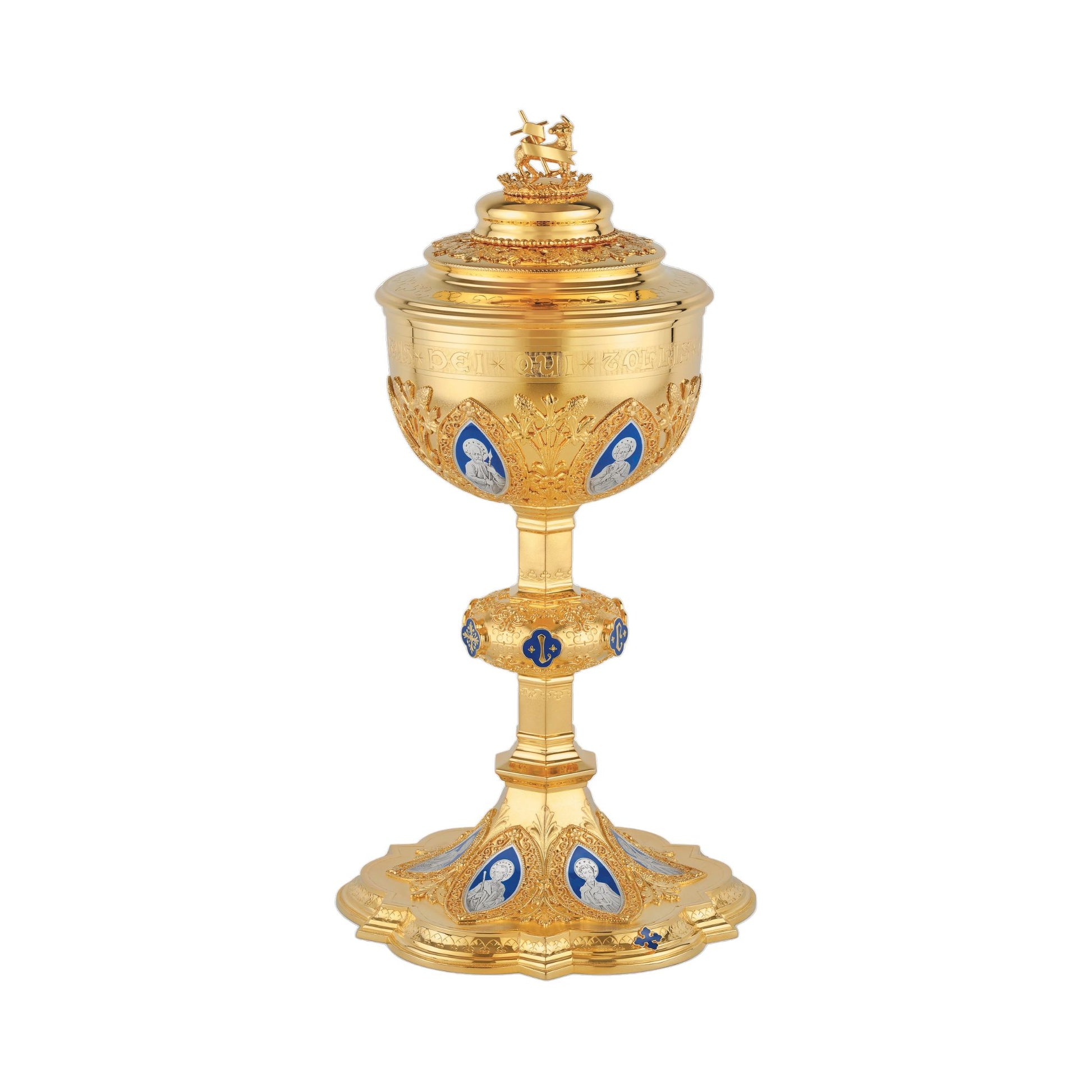 Ciborium in neo-gothic style with enameled medallions of the Twelve Apostles and cup inscription: “ECCE AGNUS DEI QUI 
TOLLIT PECCATA MUNDI” , 12” Ht. 200  Hosts. Sold by The Clergy Store