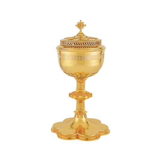 Ciborium in neo-gothic style with engraved images of the Mother of God  Jesus and the Evangelists, 11 3/4” Ht. Sold by The Clergy Store