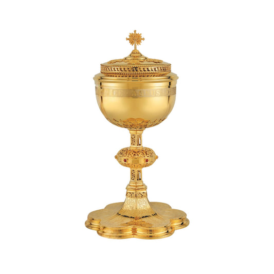 Ciborium neo-gothic style with engraved images of the Crucifixion, the Mother of God and saints: Peter, Paul, John and Joseph,&nbsp; with cup inscription: “ECCE AGNUS DEI QUI TOLLIT PECCATA MUNDI” Sold by The Clergy Store