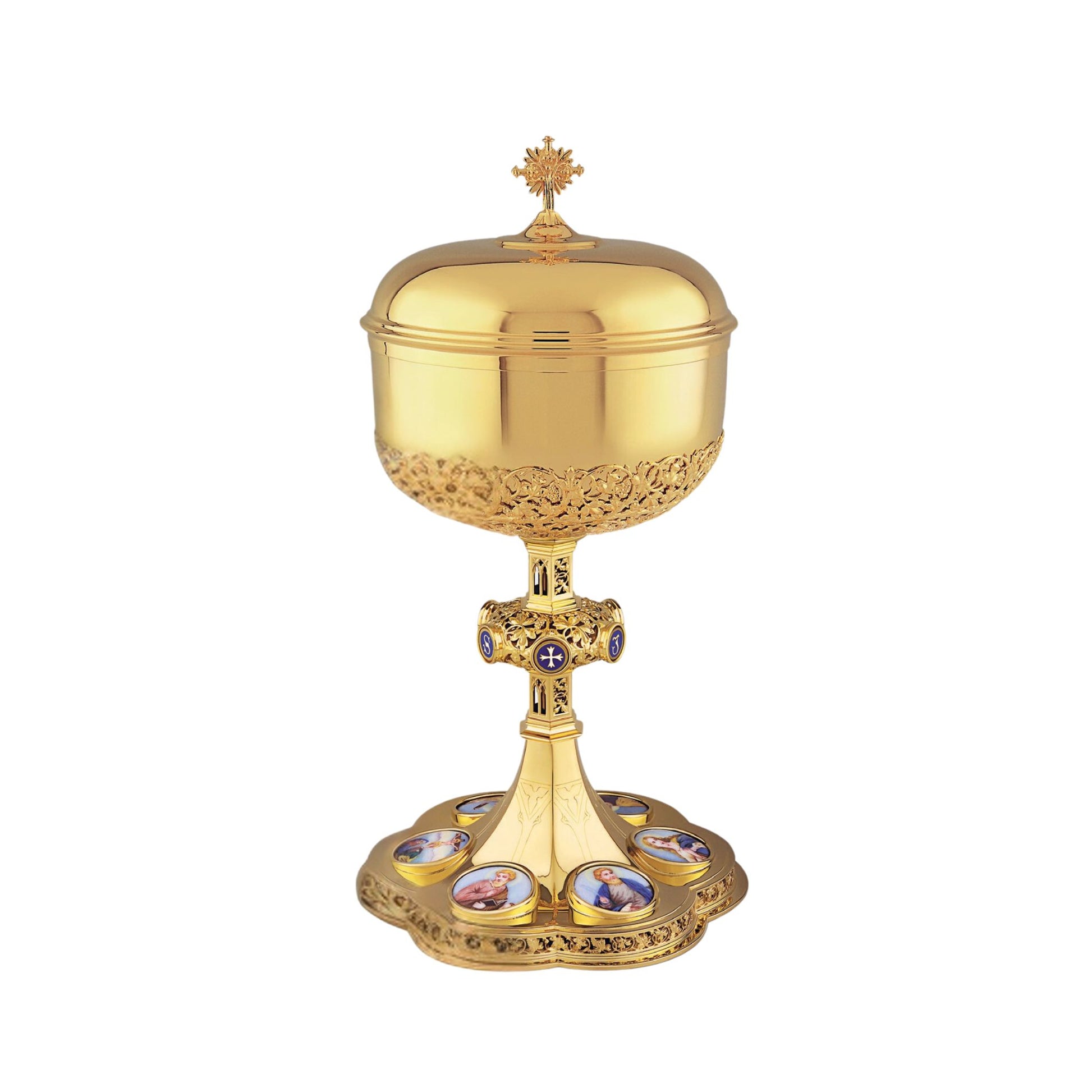 Ciborium in neo-gothic style with medallions of the Four Evangelists, the Mother of  God and the Crucifixion 12 1/4" Ht. Sold by The Clergy Store