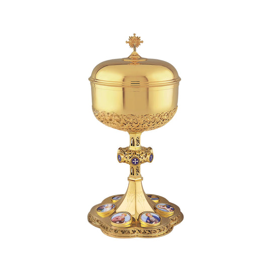 Ciborium in neo-gothic style with medallions of the Four Evangelists, the Mother of  God and the Crucifixion 12 1/4" Ht. Sold by The Clergy Store