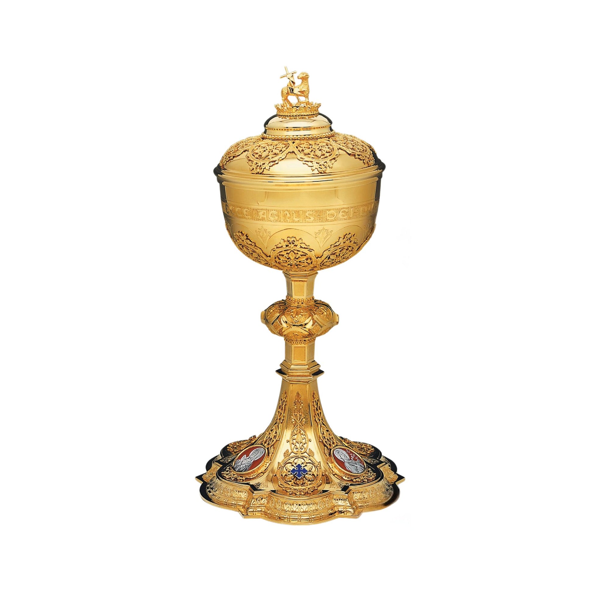 Ciborium with cup inscription: “ECCE AGNUS DEI QUI TOLLIT PECCATA MUNDI” , 11 1/2” Ht. sold by The Clergy Store
