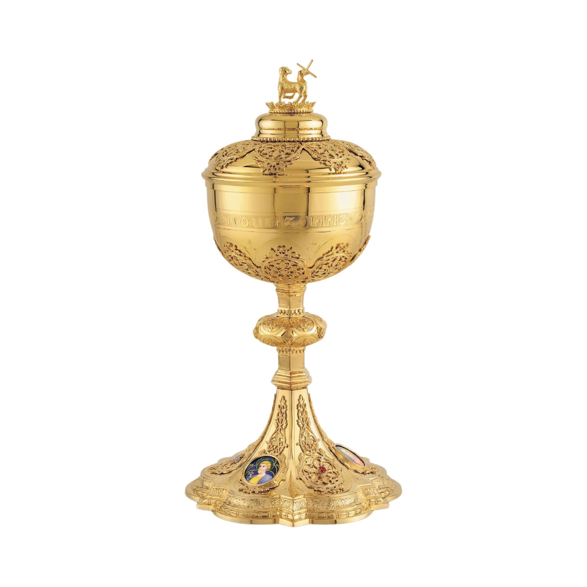 Ciborium in neo-gothic style with enameled medallions of the Holy Family and cup inscription: “ECCE AGNUS DEI QUI TOLLIT PECCATA MUNDI” , 11 1/2” Ht. , 200 Hosts. Sold by The Clergy Store