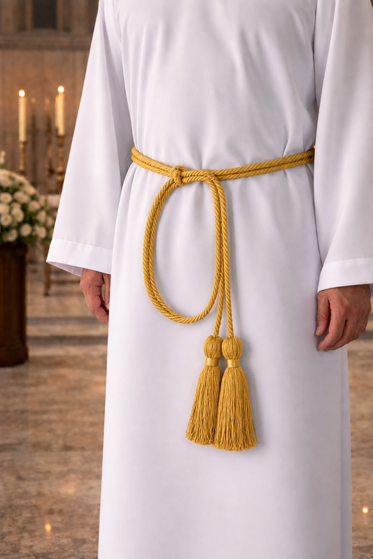Gold cincture with tassels on a white liturgical alb