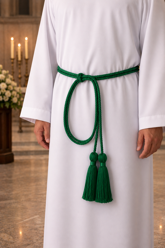 Green cincture with tassels on a white liturgical alb