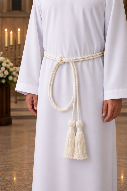 Ivory cincture with tassels on a white liturgical alb