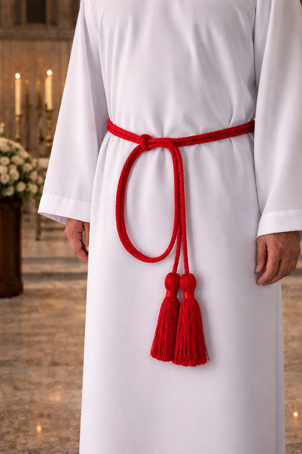 Red cincture with tassels on a white liturgical alb