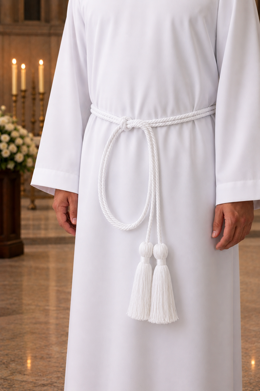 White cincture with tassels on a white liturgical alb