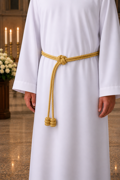 A close-up of a person wearing a white robe with a gold rope belt tied at the waist, standing indoors in a softly lit church or ceremonial space.