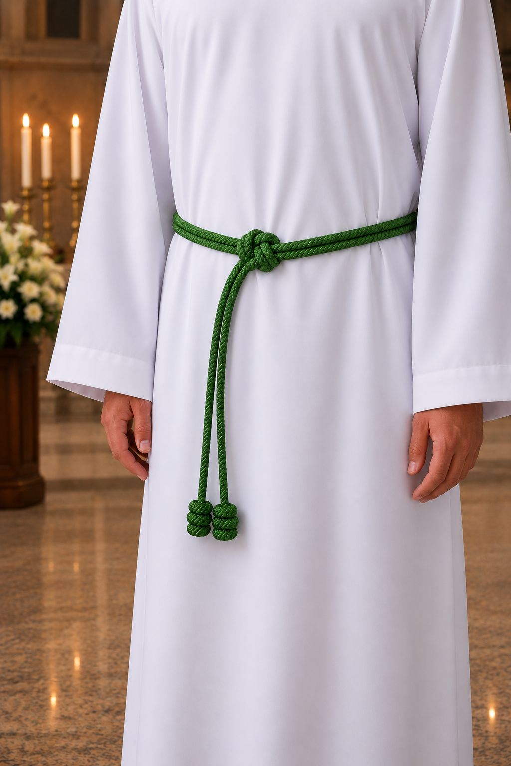 A close-up of a person wearing a white robe with a green braided cord belt tied at the waist, standing indoors in a softly lit church-like setting with candles and flowers in the background.