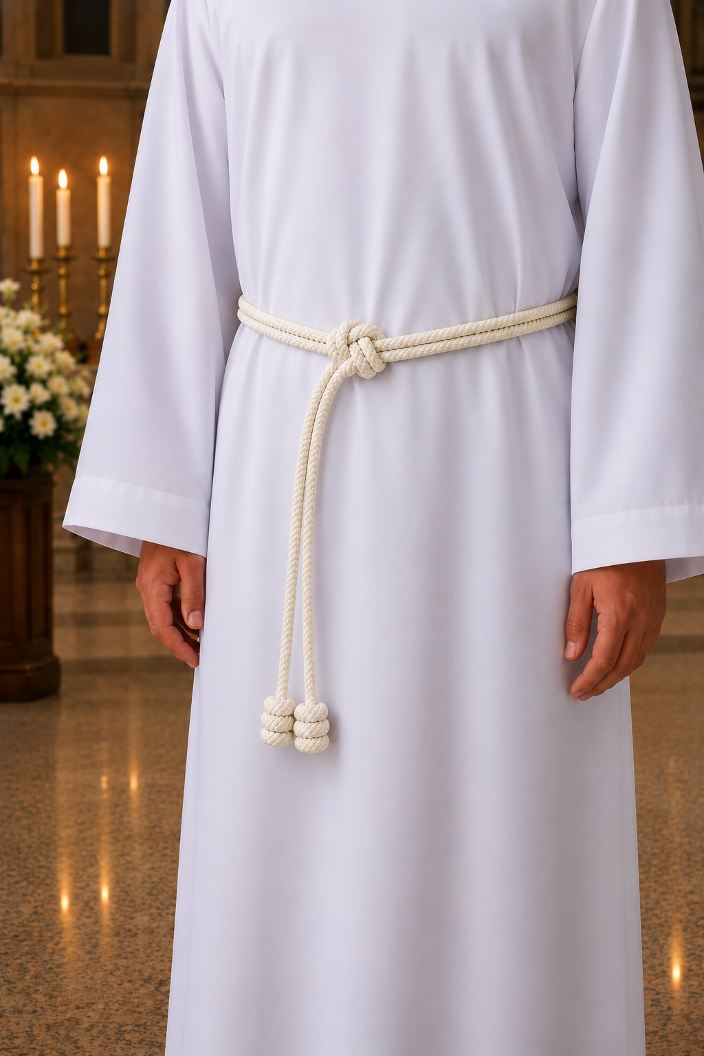 A person wearing a white religious robe with a cream-colored rope belt tied at the waist, standing indoors in a softly lit church or chapel setting.