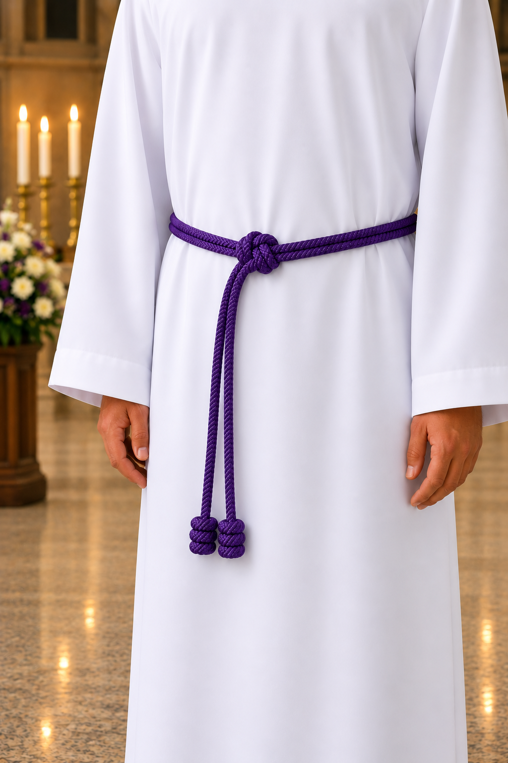 A person wearing a white liturgical robe with a purple rope belt tied at the waist, standing indoors in a softly lit church or chapel with candles and a polished floor visible in the background.