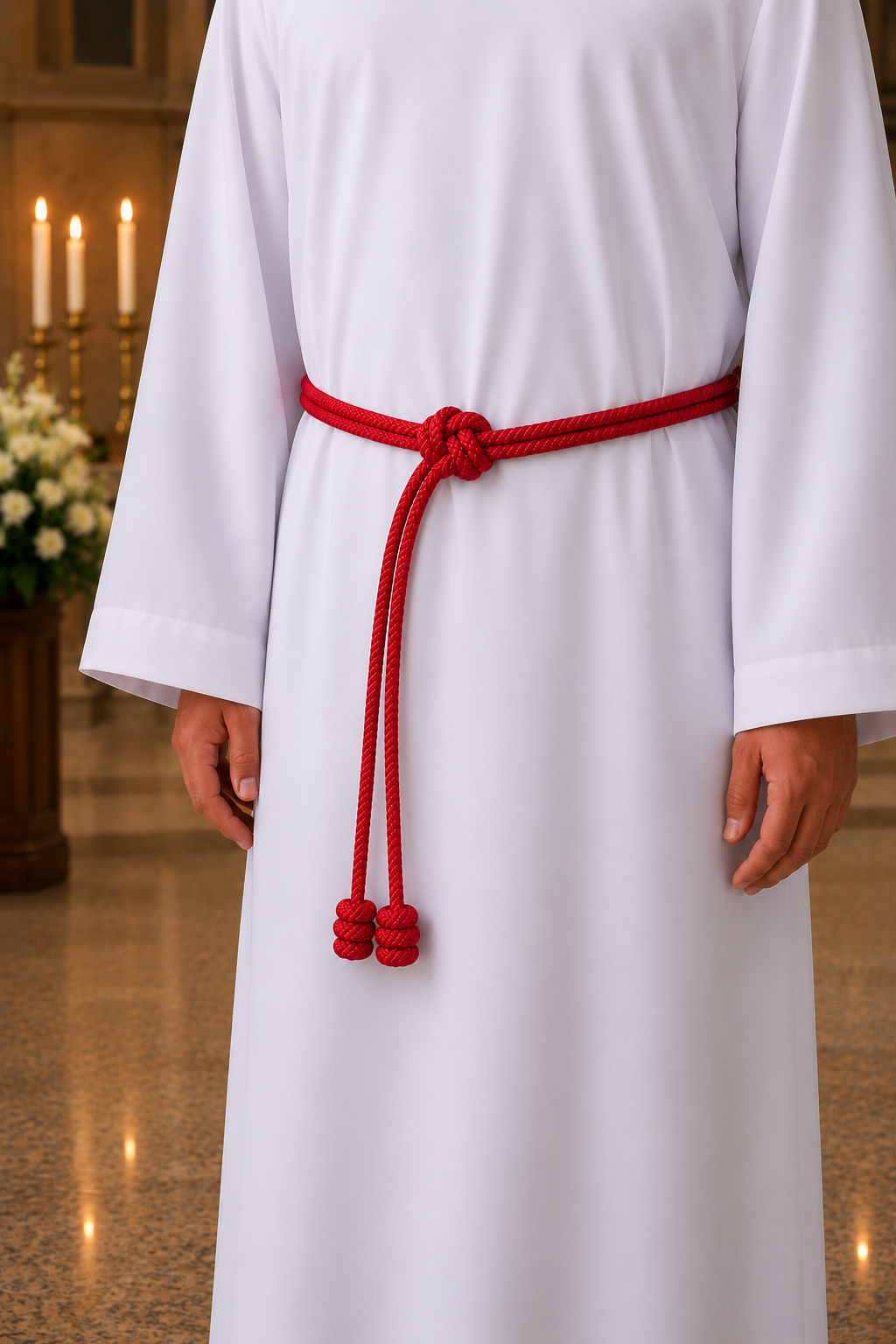 A close-up of a person wearing a white robe with a red rope belt tied at the waist, standing indoors with candles and a blurred background.