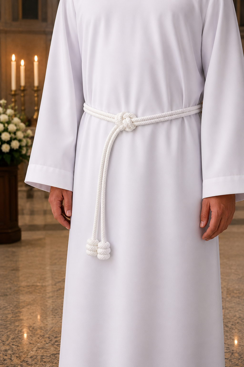 A white liturgical robe with a white knotted cord belt, shown on a person standing indoors in a softly lit church or ceremonial space.