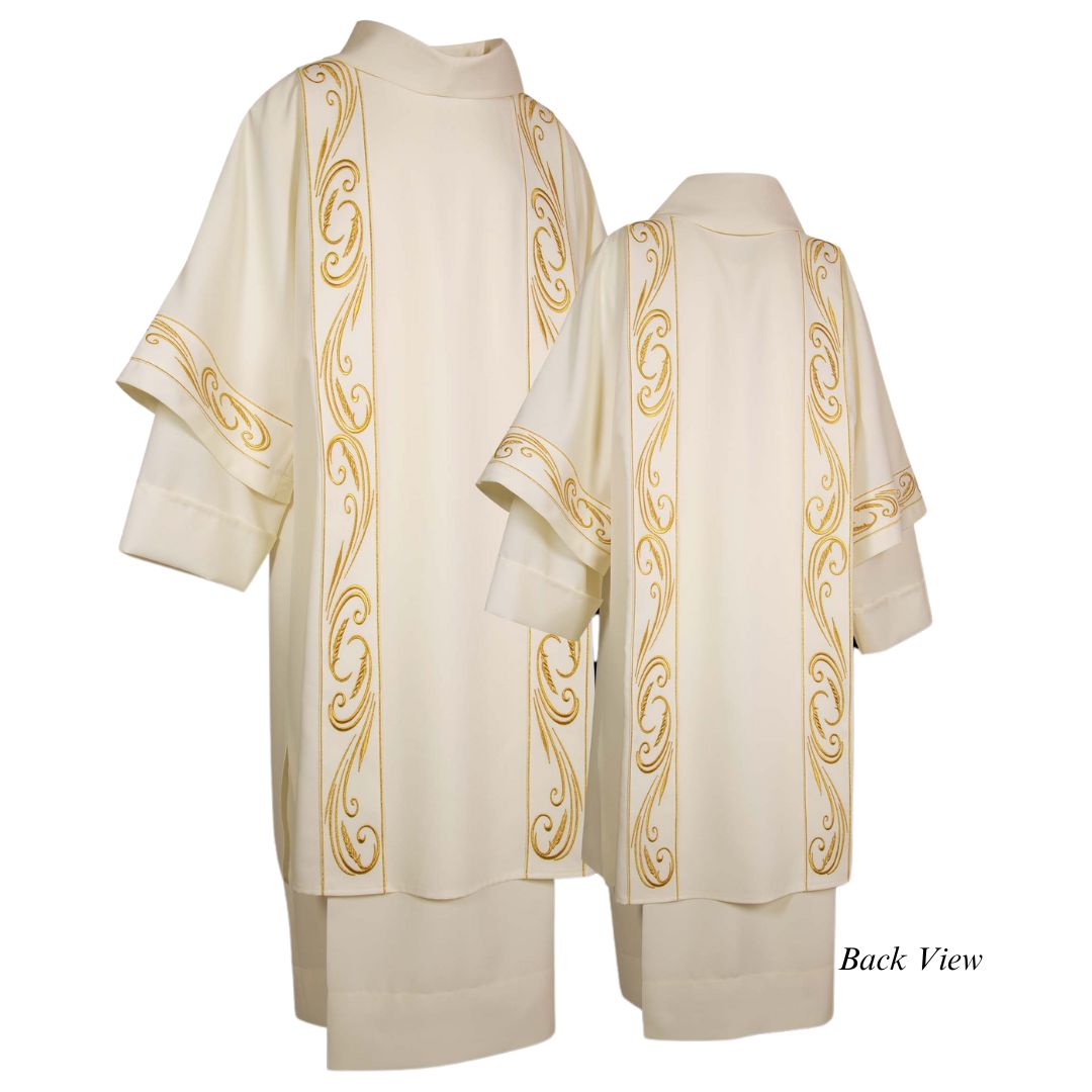 Deacon dalmatic with embroidered bandings. Made in Italy and sold by The Clergy Store