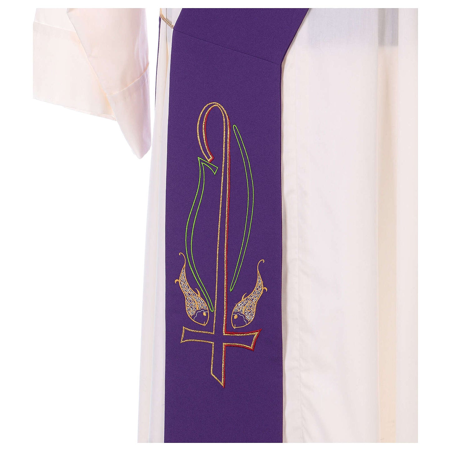 Deacon stole with cross and fish design on purple. Made in Italy and sold by The Clergy Store