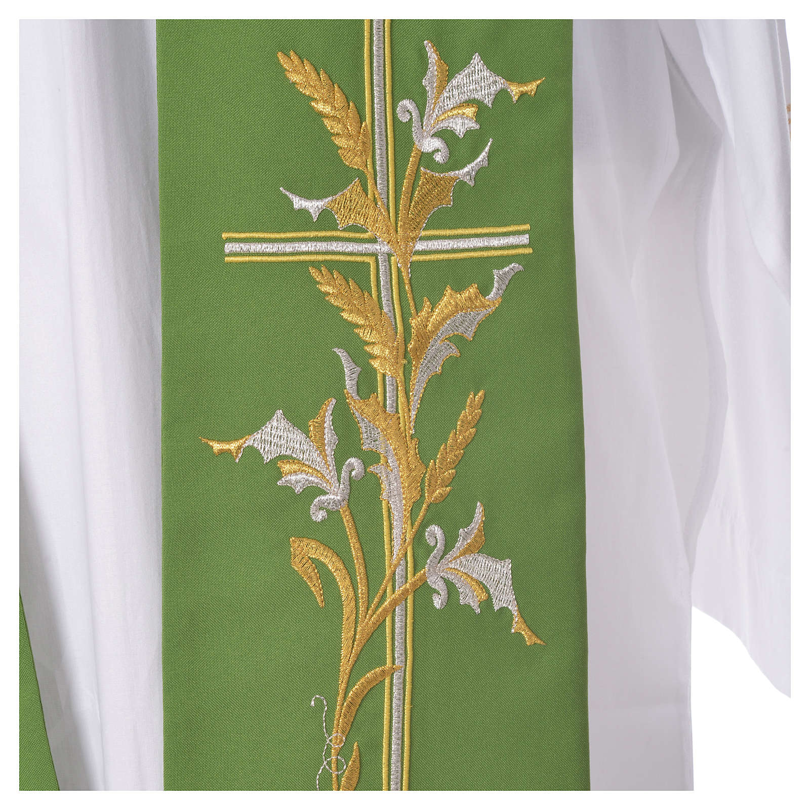 Deacon stole with cross and wheat stock design on green Made in Italy and sold by The Clergy Store