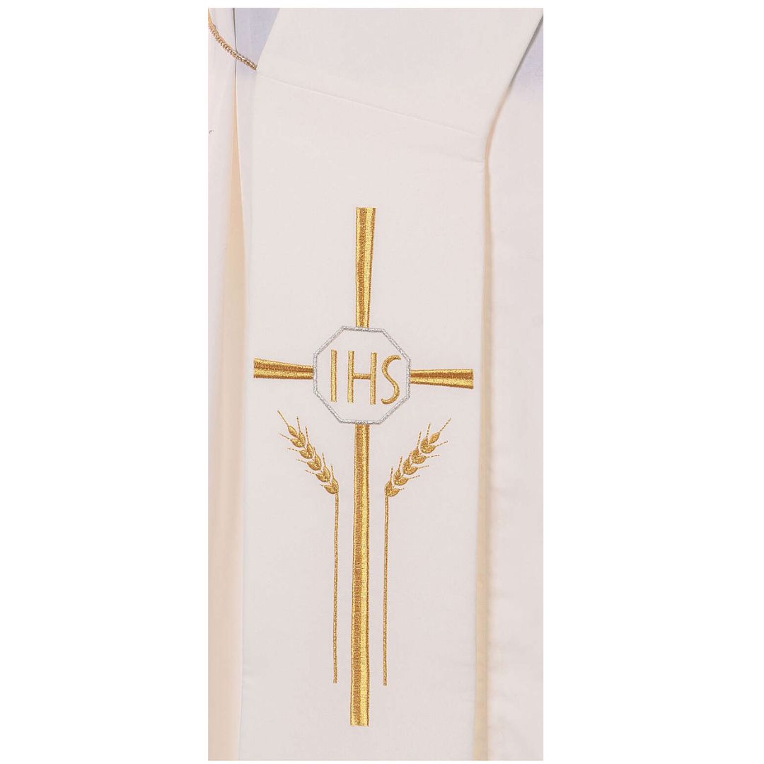 Priest stole with cross wheat stock and IHS design in ivory. Made in Italy and sold by The Clergy Store