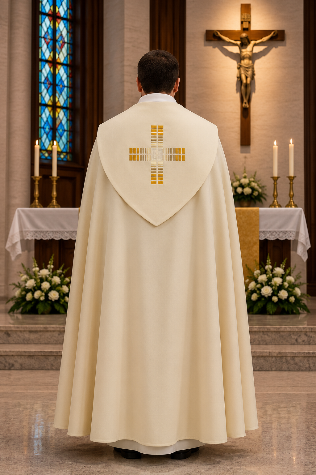 A man viewed from behind wearing a cream-colored liturgical vestment with a gold embroidered cross on the back, standing in a church before an altar with candles and a crucifix.